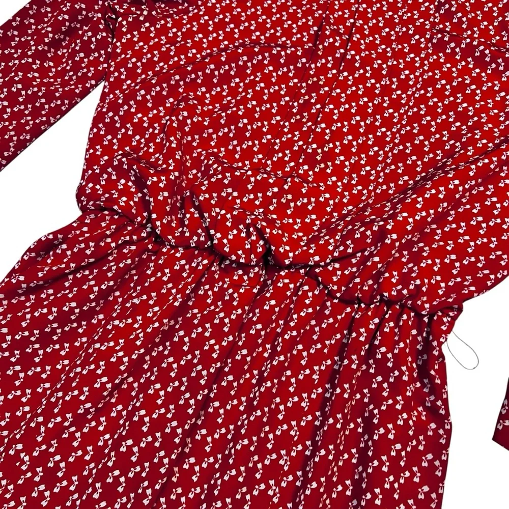Henry Lee Vintage Red Bow Print Dress Union Made Size 14 Belted Full Skirt‎